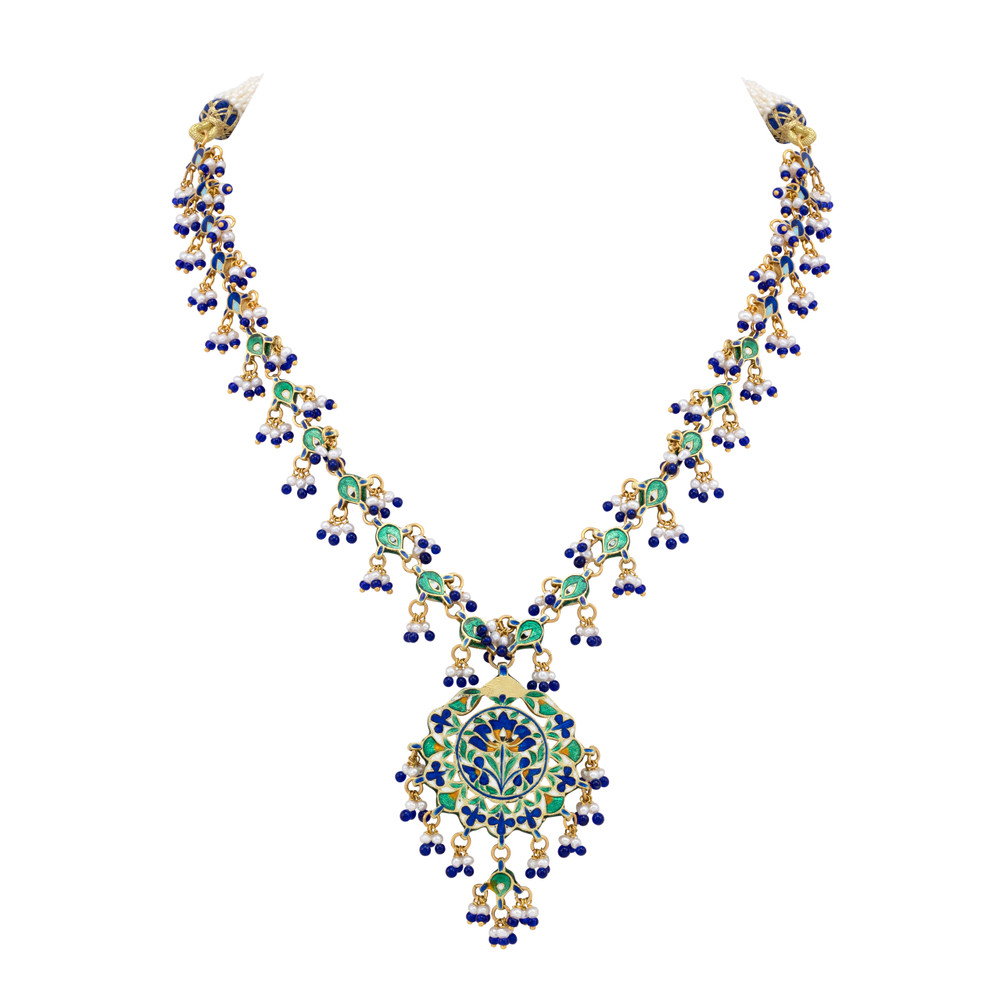 Blue Enamel Polki Necklace with Pearl and Bead Accents